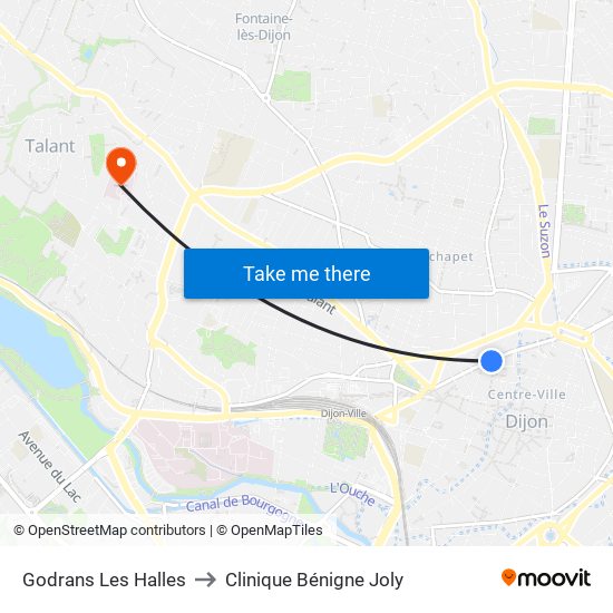Godrans Les Halles to Clinique Bénigne Joly map
