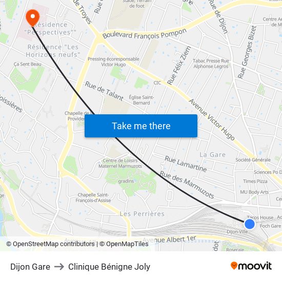 Dijon Gare to Clinique Bénigne Joly map