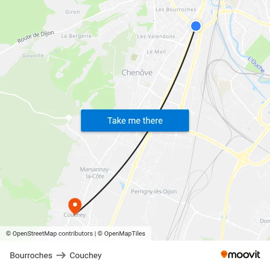 Bourroches to Couchey map