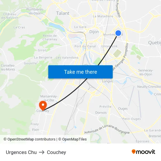 Urgences Chu to Couchey map