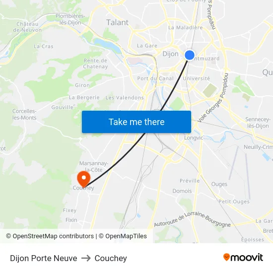 Dijon Porte Neuve to Couchey map