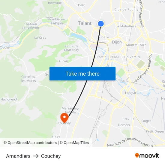 Amandiers to Couchey map