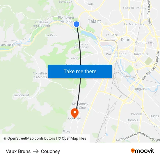 Vaux Bruns to Couchey map