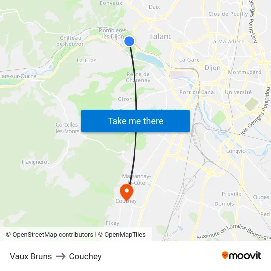 Vaux Bruns to Couchey map