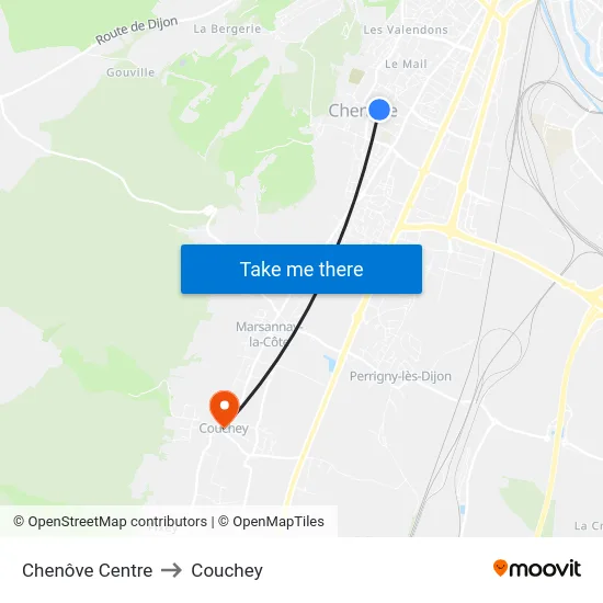 Chenôve Centre to Couchey map