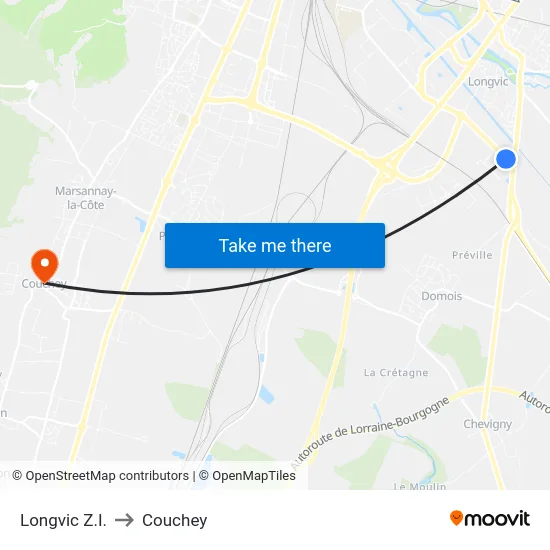 Longvic Z.I. to Couchey map