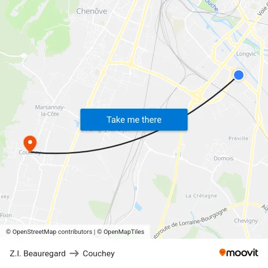 Z.I. Beauregard to Couchey map