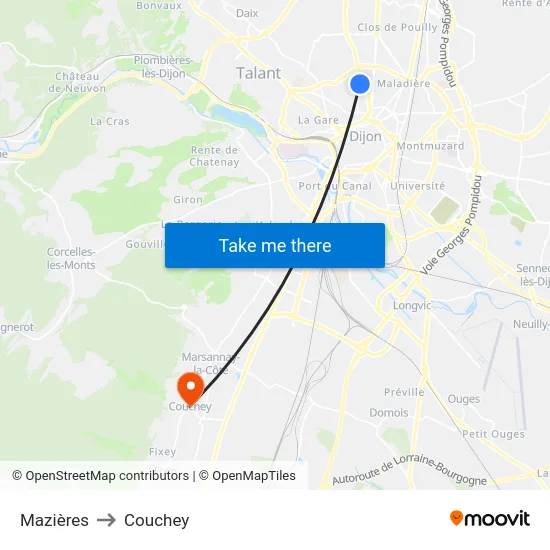 Mazières to Couchey map