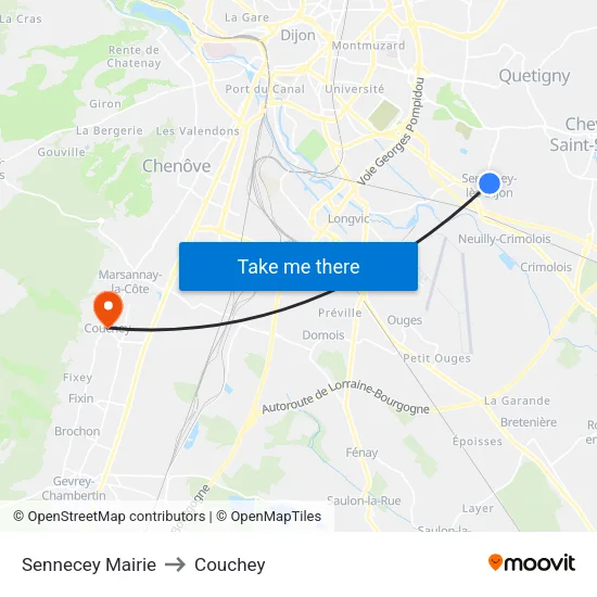 Sennecey Mairie to Couchey map