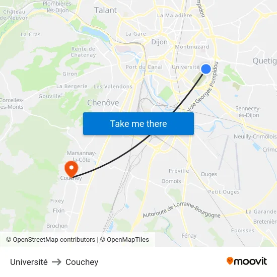 Université to Couchey map