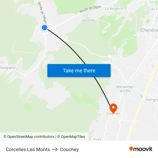 Corcelles Les Monts to Couchey map