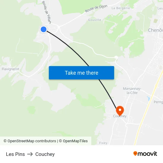Les Pins to Couchey map