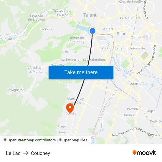 Le Lac to Couchey map