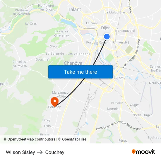 Wilson Sisley to Couchey map