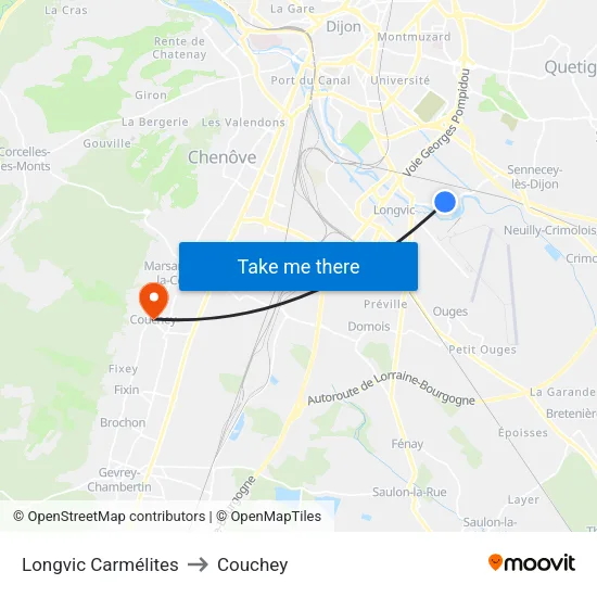 Longvic Carmélites to Couchey map