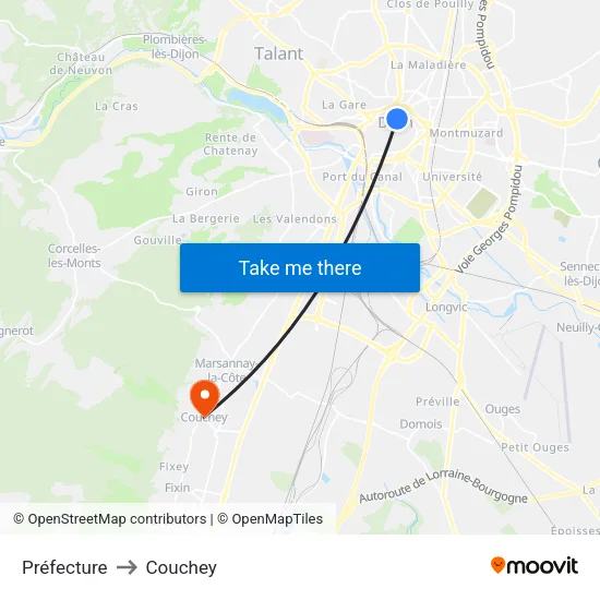 Préfecture to Couchey map