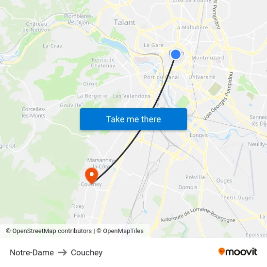 Notre-Dame to Couchey map