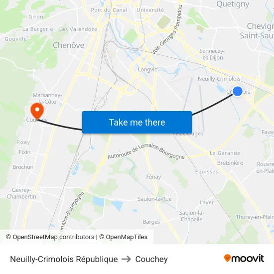 Neuilly-Crimolois République to Couchey map