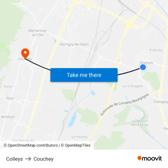 Colleys to Couchey map