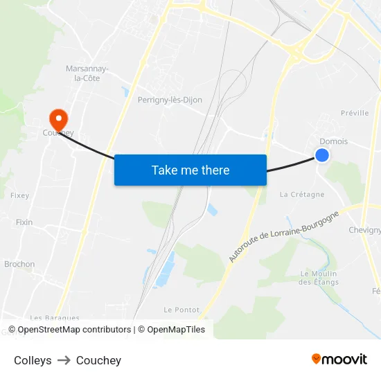 Colleys to Couchey map