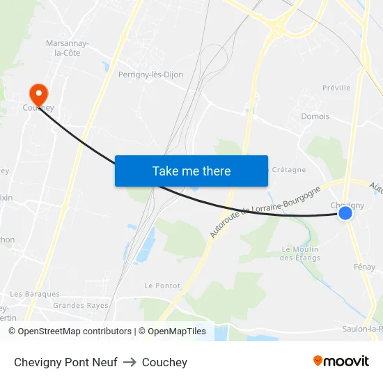 Chevigny Pont Neuf to Couchey map