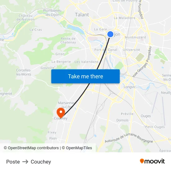 Poste to Couchey map