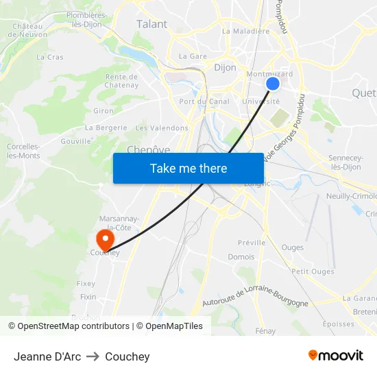 Jeanne D'Arc to Couchey map