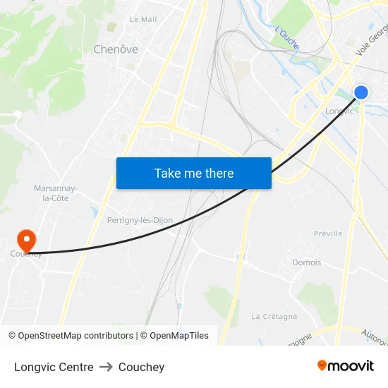 Longvic Centre to Couchey map