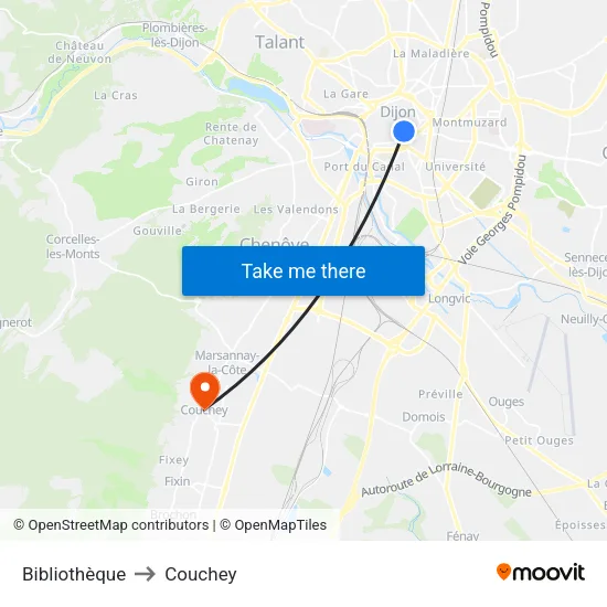 Bibliothèque to Couchey map