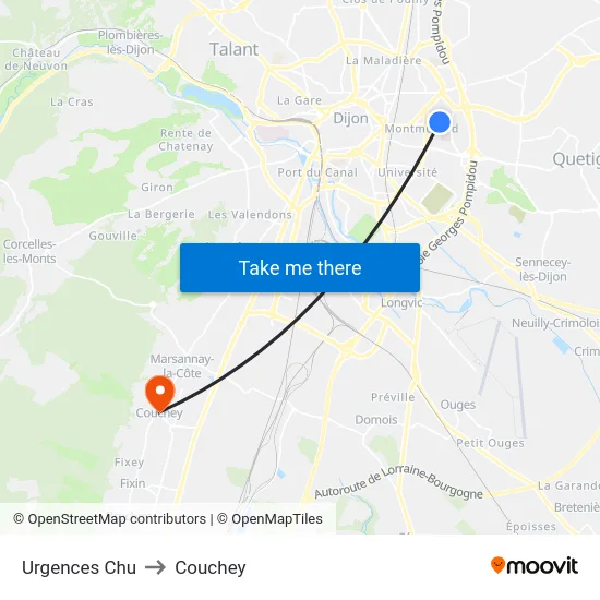 Urgences Chu to Couchey map