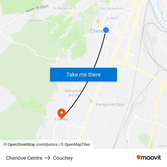 Chenôve Centre to Couchey map