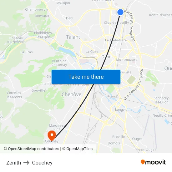 Zénith to Couchey map