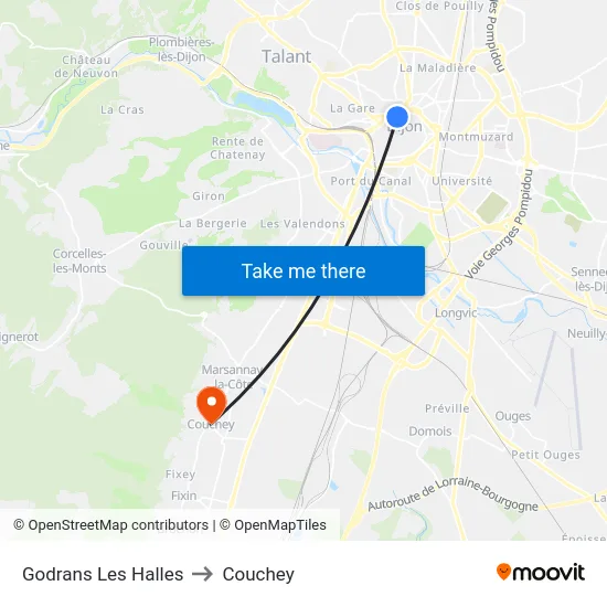 Godrans Les Halles to Couchey map