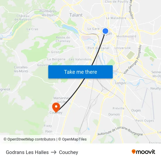 Godrans Les Halles to Couchey map