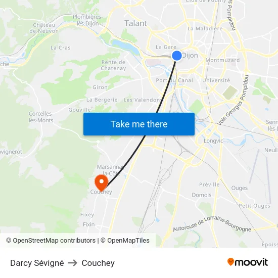 Darcy Sévigné to Couchey map