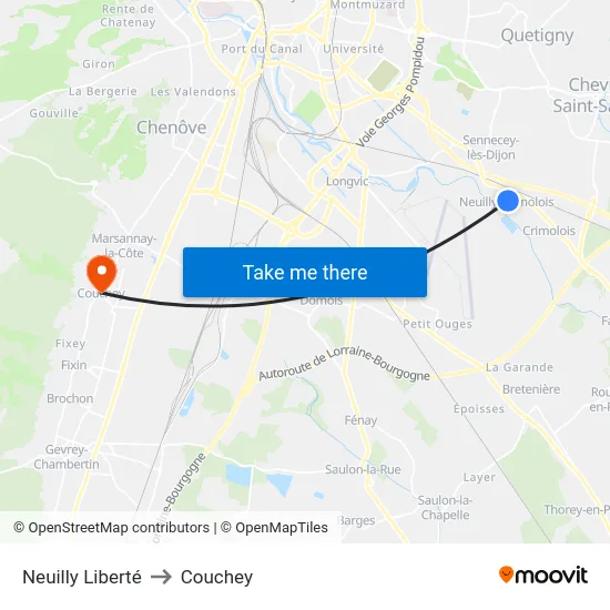 Neuilly Liberté to Couchey map