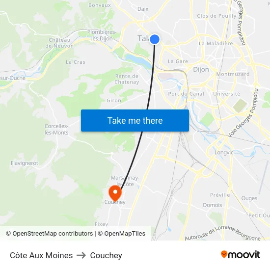 Côte Aux Moines to Couchey map