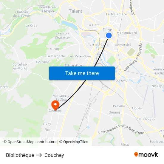 Bibliothèque to Couchey map