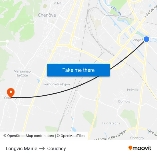 Longvic Mairie to Couchey map