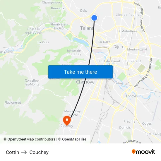 Cottin to Couchey map