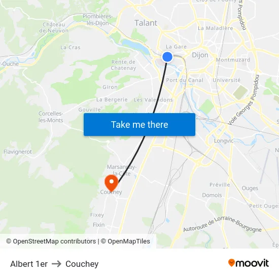 Albert 1er to Couchey map