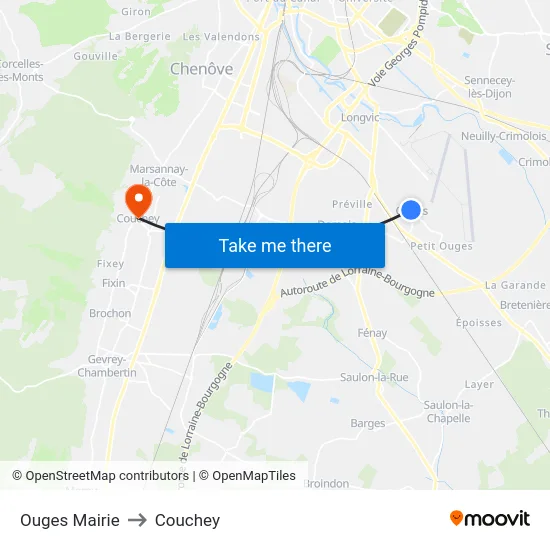 Ouges Mairie to Couchey map