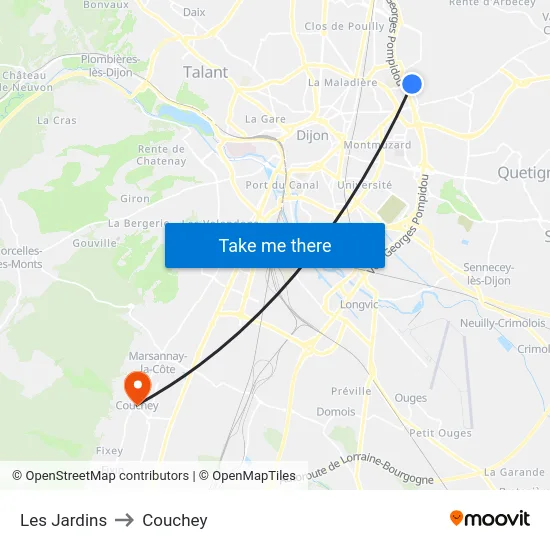 Les Jardins to Couchey map