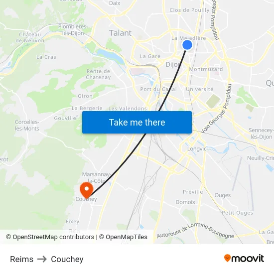 Reims to Couchey map