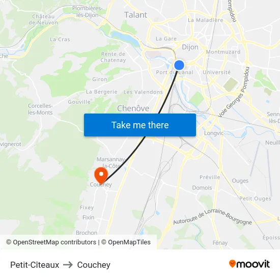 Petit-Cîteaux to Couchey map