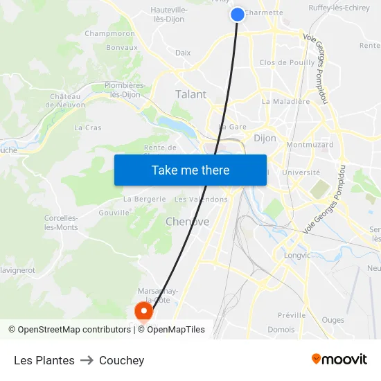 Les Plantes to Couchey map