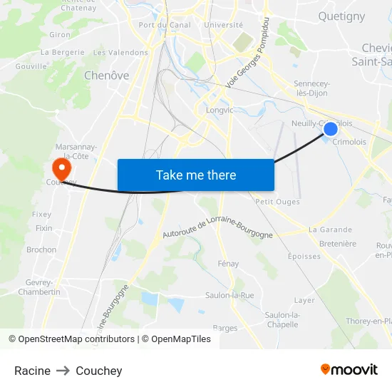 Racine to Couchey map