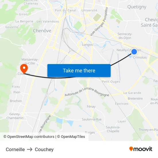 Corneille to Couchey map