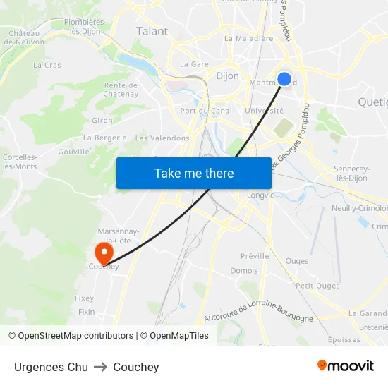 Urgences Chu to Couchey map