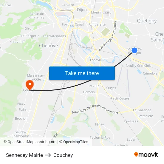 Sennecey Mairie to Couchey map